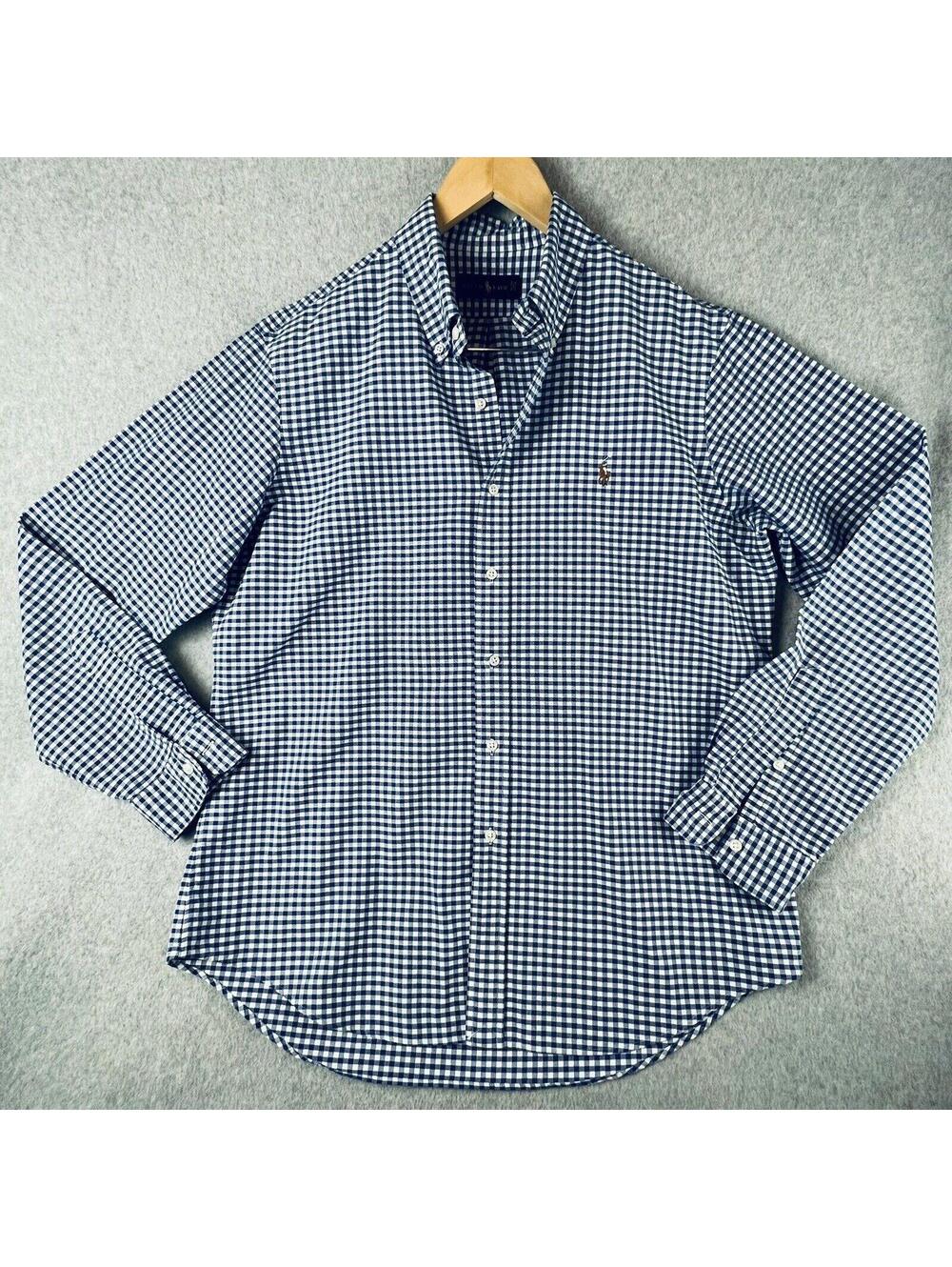 Ralph Lauren Gingham Plaid Long Sleeve Button Up Shirt Mens Size L Cotton Blue
